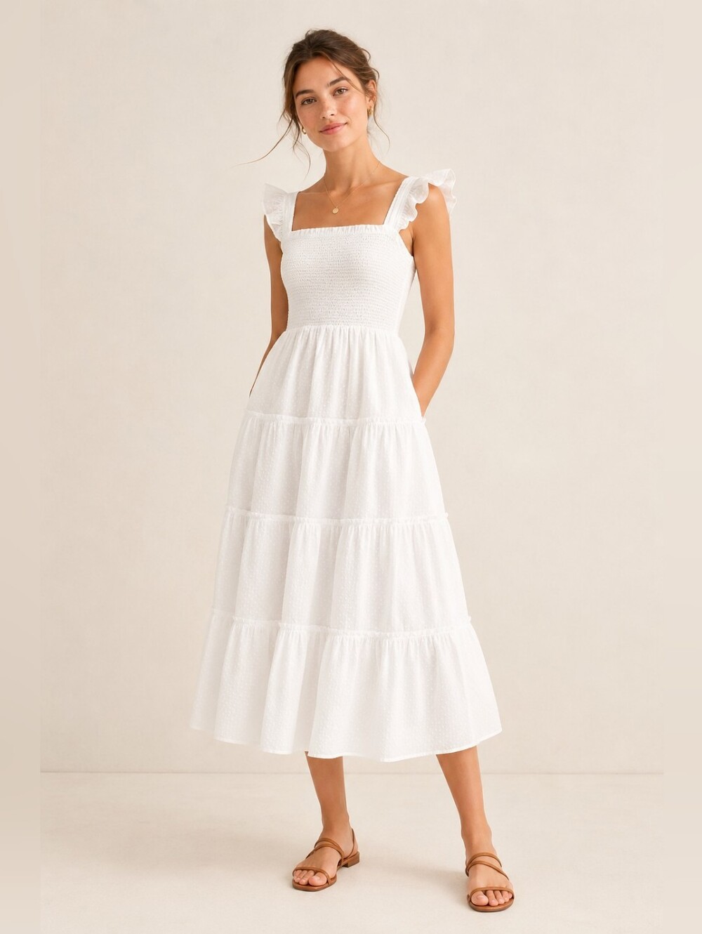 J.Crew Swiss Dot Smocked Tiered Nap Sun Midi Dress White Size Medium Ruffled
